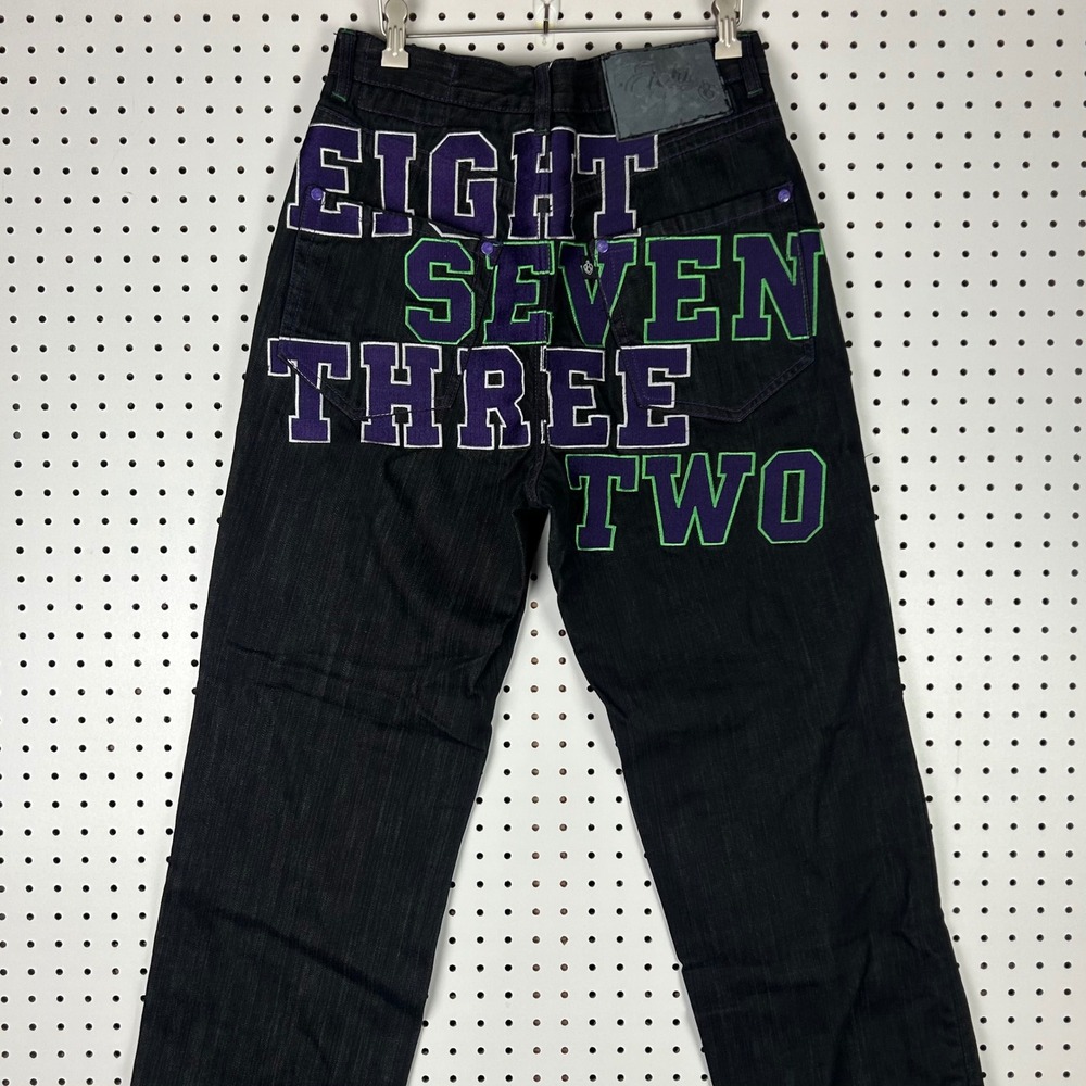Eight 732 Black Denim Baggy Hip Hop Jeans Embroidered 32x30 Y2K Streetwear Cyber